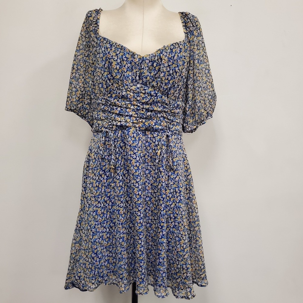 B Darlin Womens Milkmaid Micro Floral Babydoll Puff Sleeve Dress Size 15/16 Blue